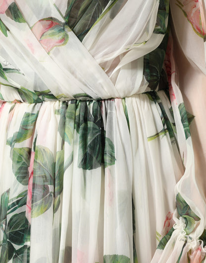 Dolce & Gabbana Floral Rose Ivory Silk Blend Longsleeve Dress