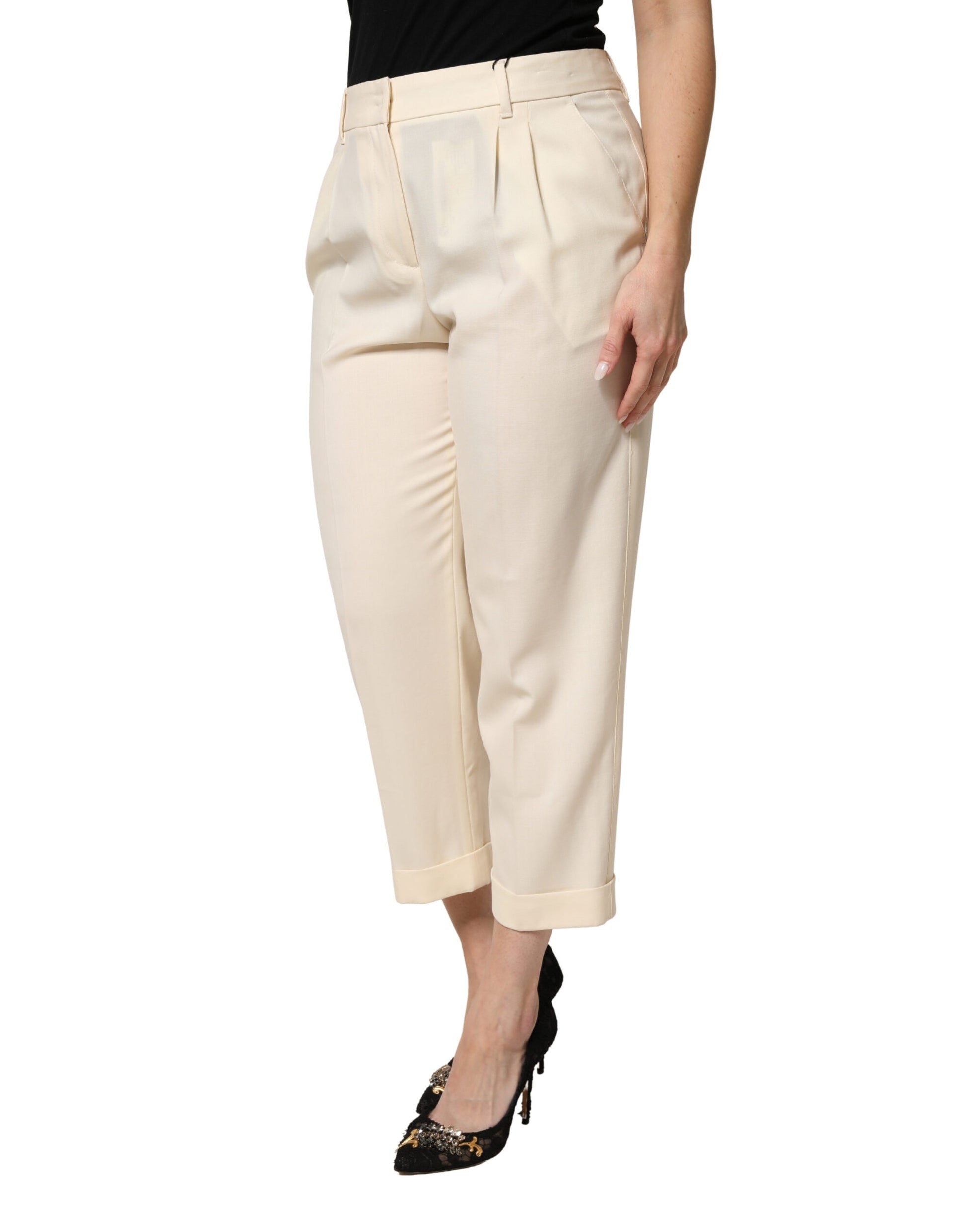 Dolce & Gabbana Ivory Wool Mid Waist Cropped Trouser Pants
