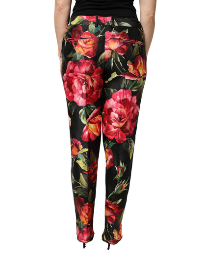 Dolce & Gabbana Black Floral Silk Mid Waist Tailored Trousers Pants