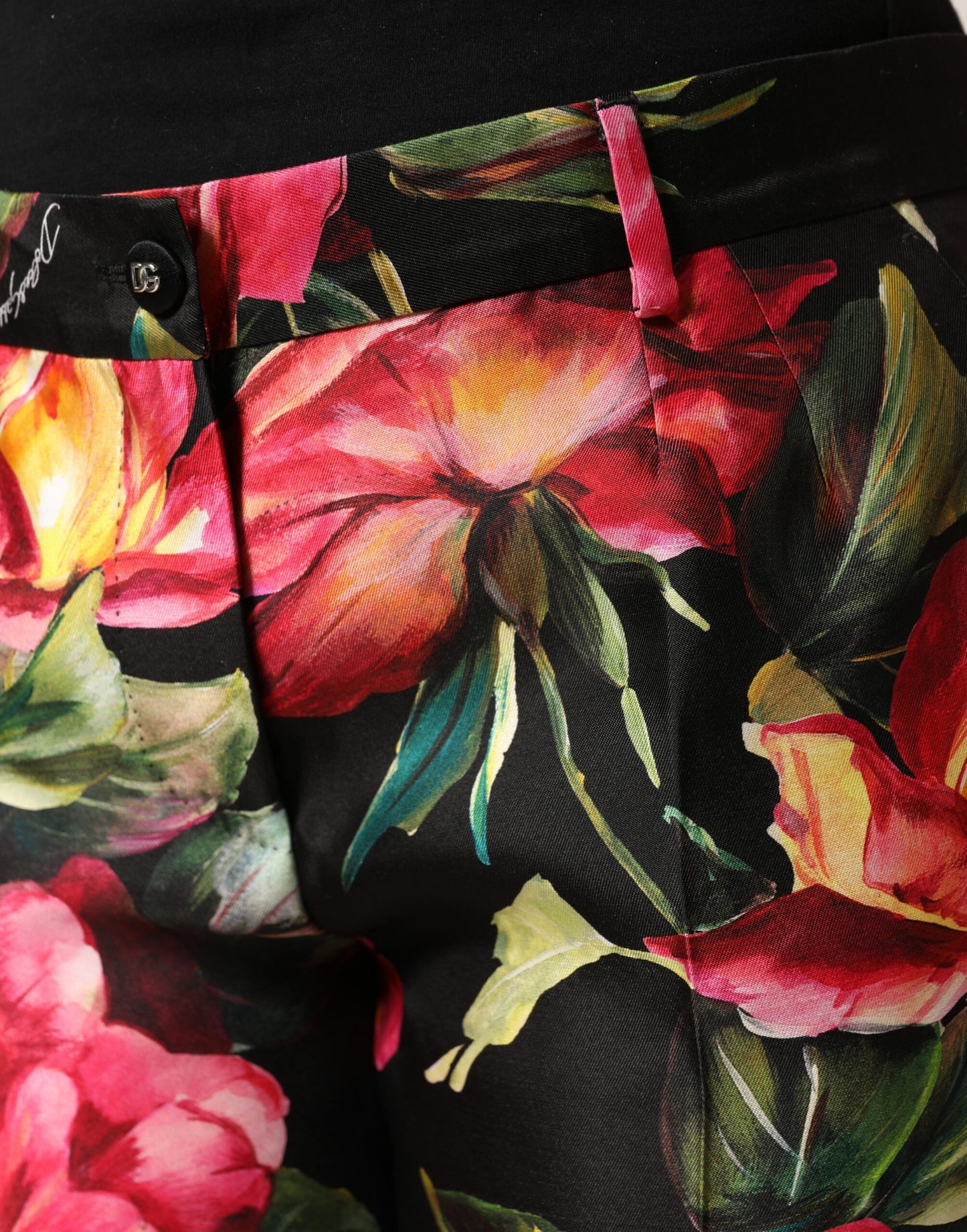 Dolce & Gabbana Black Floral Silk Mid Waist Tailored Trousers Pants