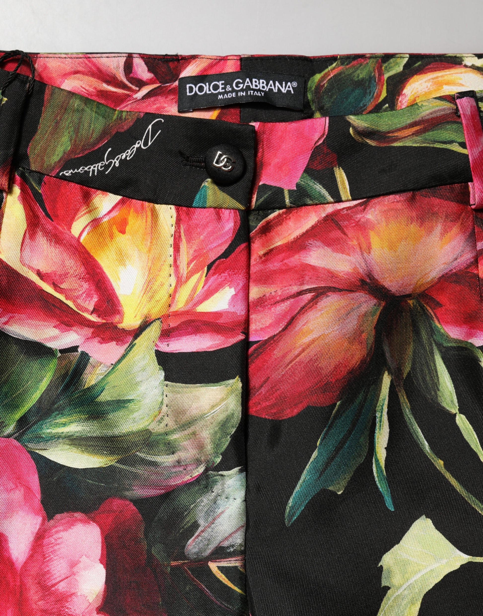 Dolce & Gabbana Black Floral Silk Mid Waist Tailored Trousers Pants