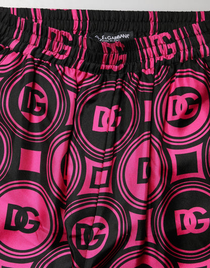 Dolce & Gabbana Black Fuchsia Silk Logo Elastic Waist Shorts