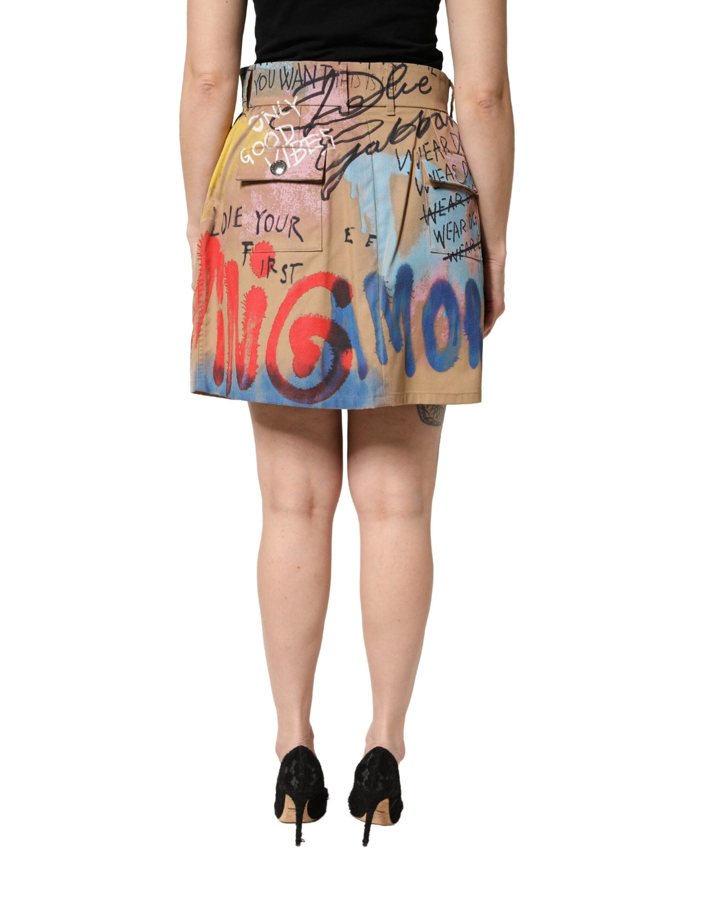 Dolce & Gabbana Beige Graffiti Print Cotton Blend Mini Skirt
