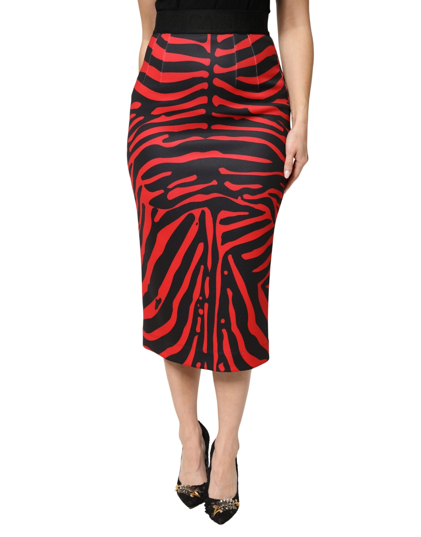 Dolce & Gabbana Red Black Zebra Print Polyester Pencil Midi Skirt