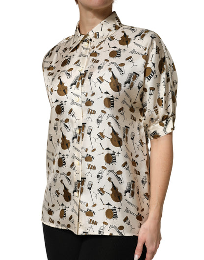 Dolce & Gabbana Beige Musical Instrument Print Short Sleeve Top