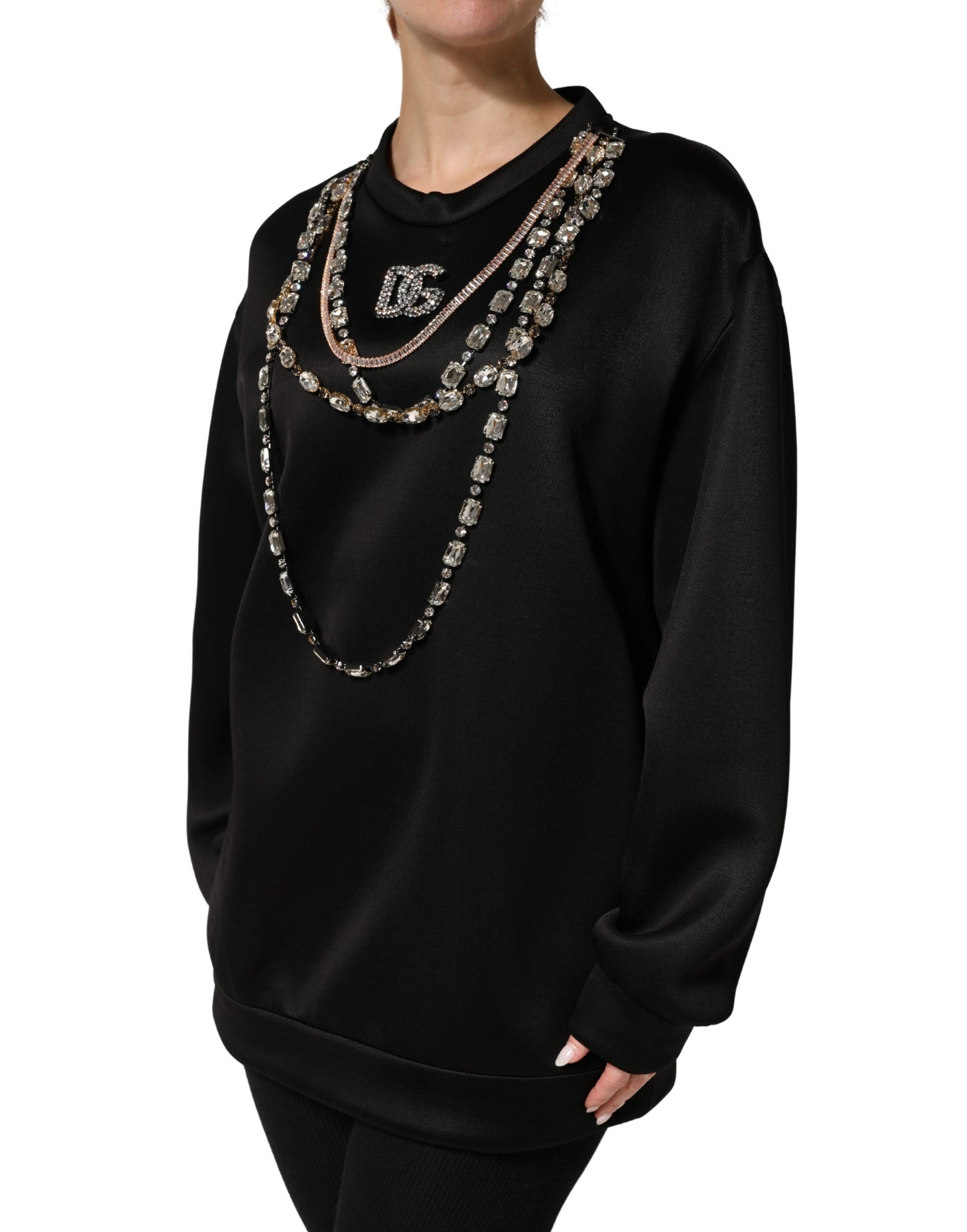 Dolce & Gabbana Black Embellished Logo Crystal Sweatshirt Top