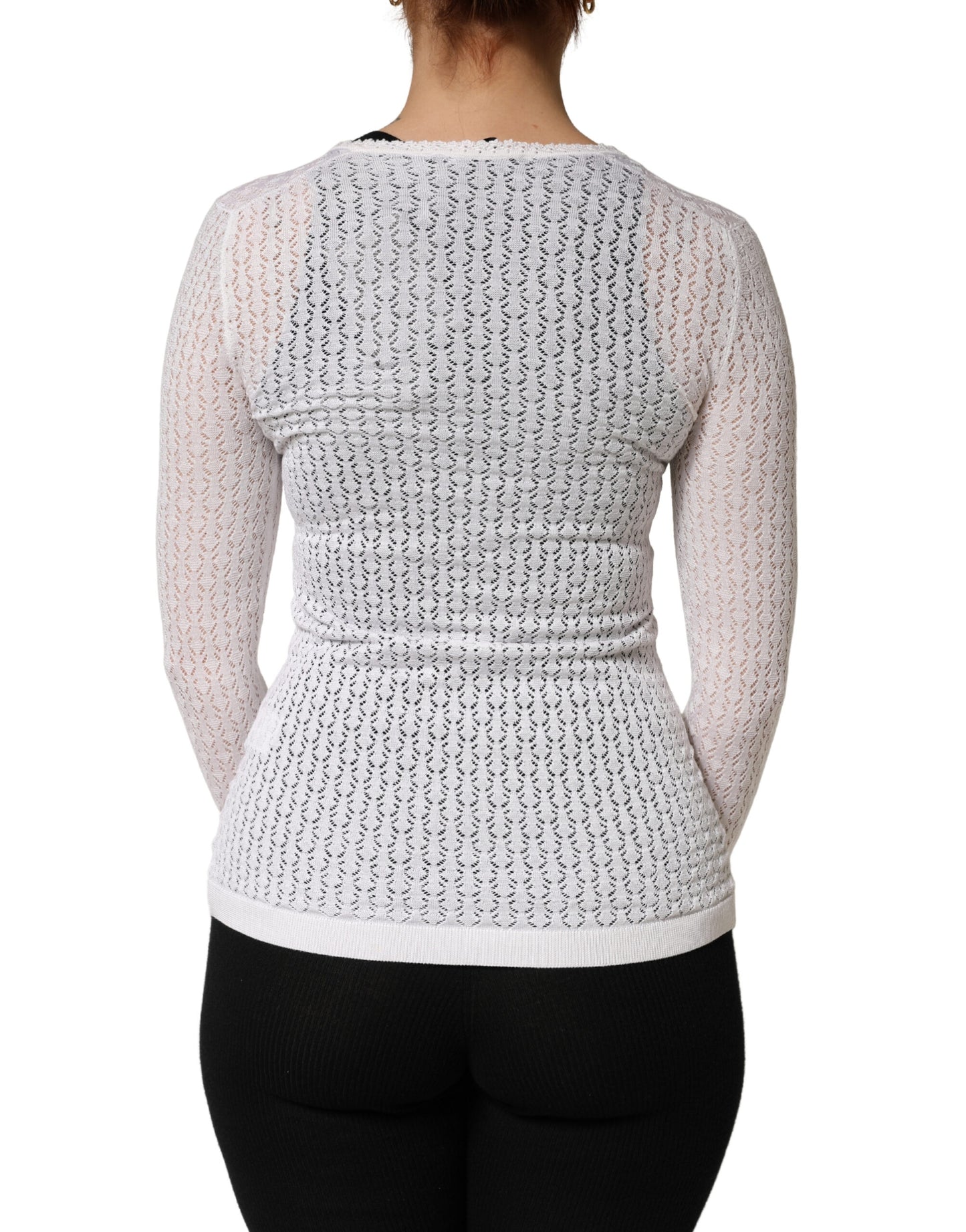 Dolce & Gabbana White Lace Silk Knit Long Sleeves Cardigan Top