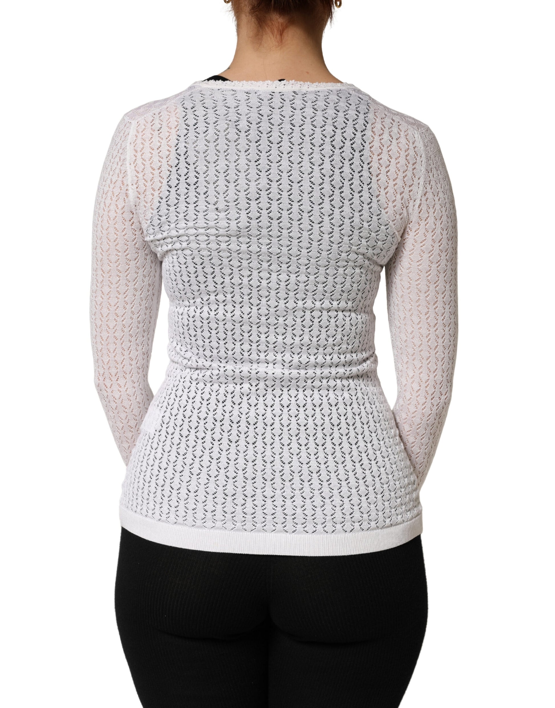 Dolce & Gabbana White Lace Silk Knit Long Sleeves Cardigan Top