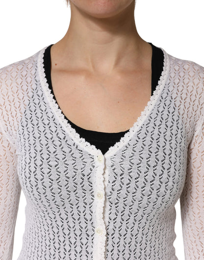 Dolce & Gabbana White Lace Silk Knit Long Sleeves Cardigan Top