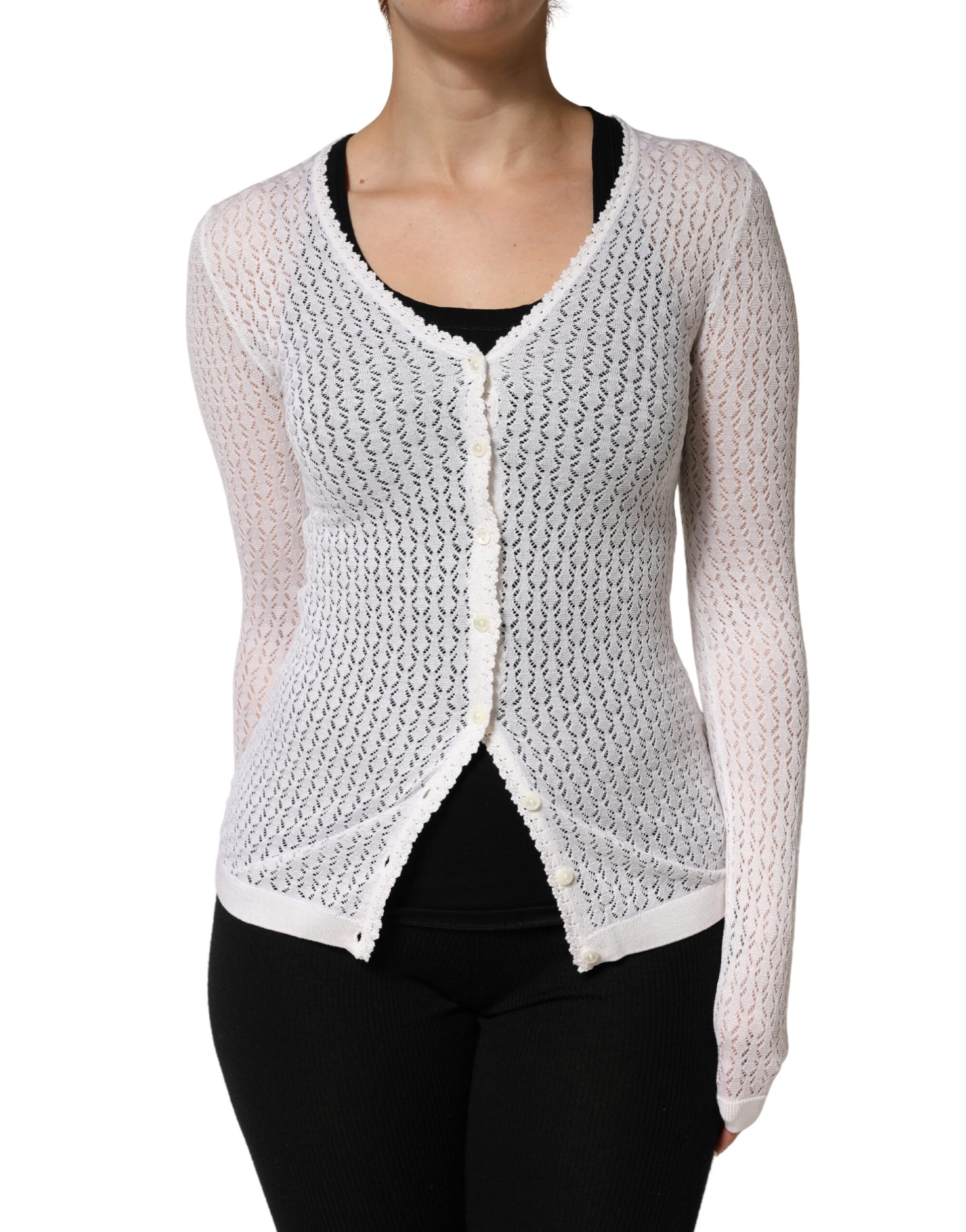 Dolce & Gabbana White Lace Silk Knit Long Sleeves Cardigan Top