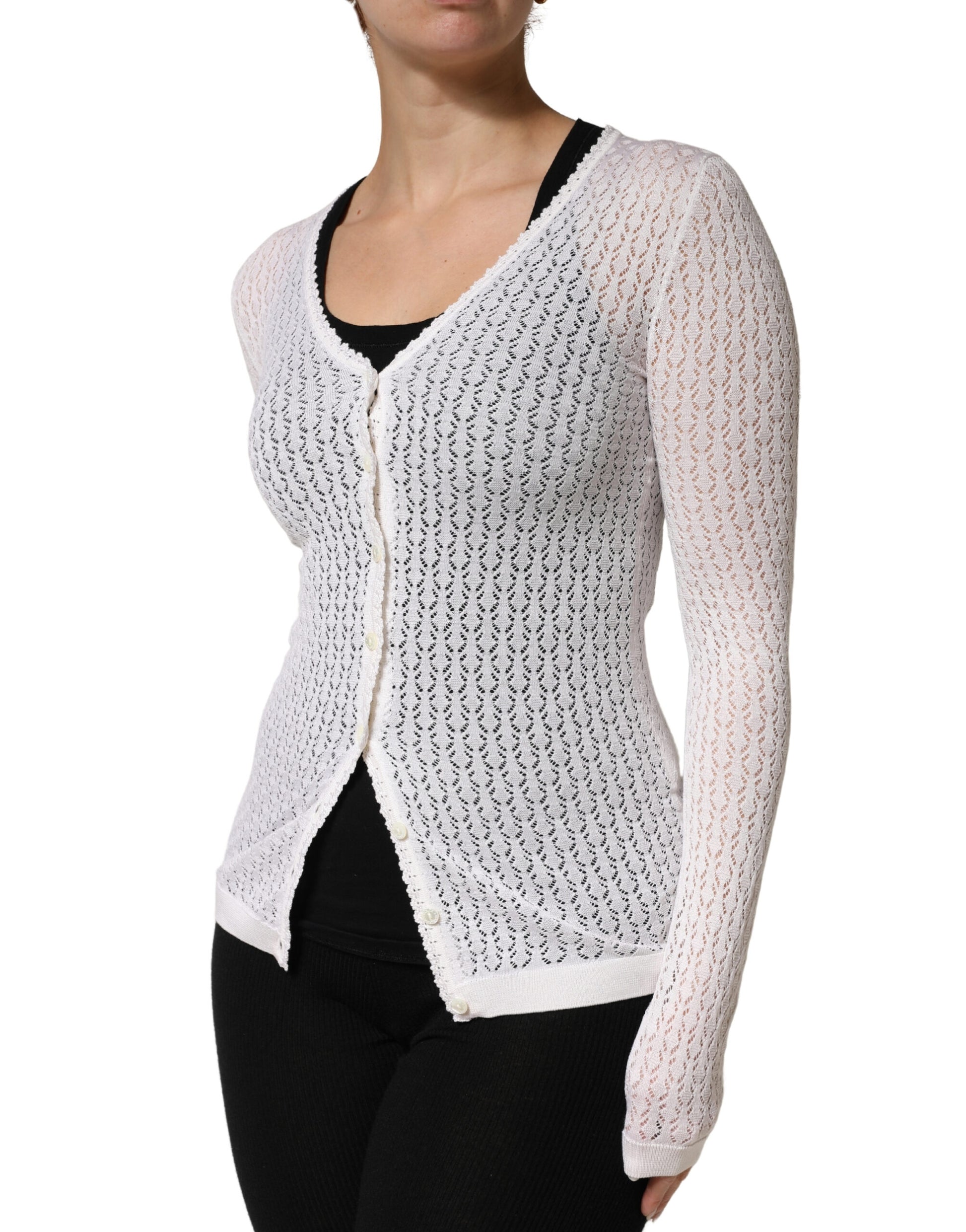 Dolce & Gabbana White Lace Silk Knit Long Sleeves Cardigan Top