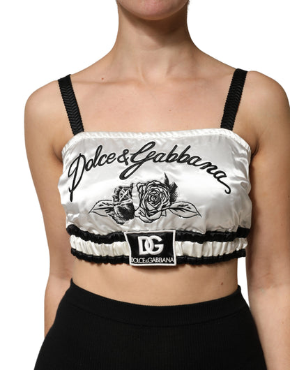 Dolce & Gabbana White Silk Satin Crop Bralette with Black Logo