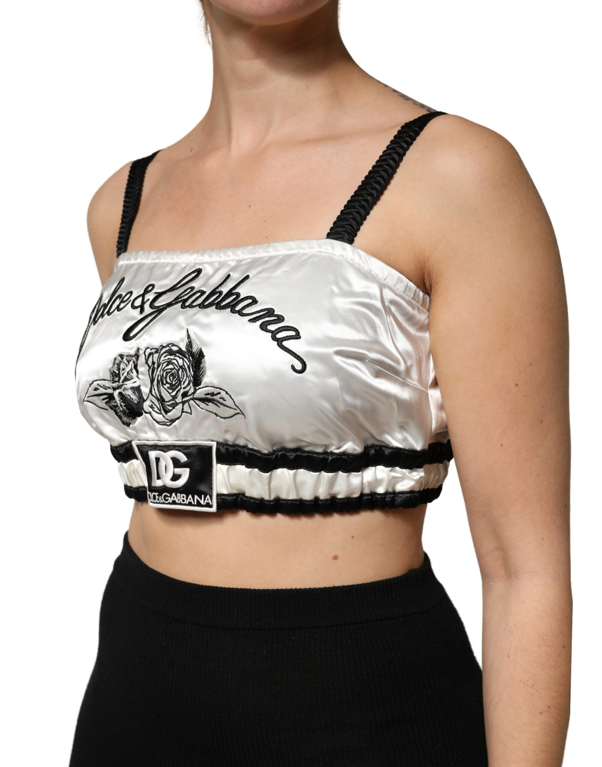 Dolce & Gabbana White Silk Satin Crop Bralette with Black Logo