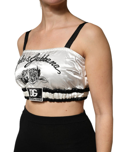 Dolce & Gabbana White Silk Satin Crop Bralette with Black Logo