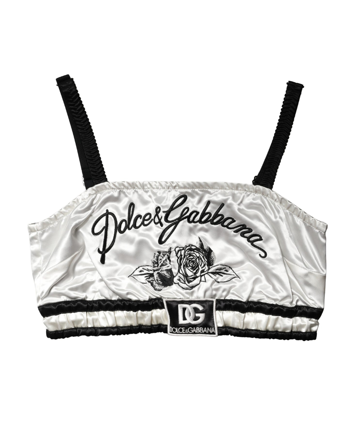 Dolce & Gabbana White Silk Satin Crop Bralette with Black Logo