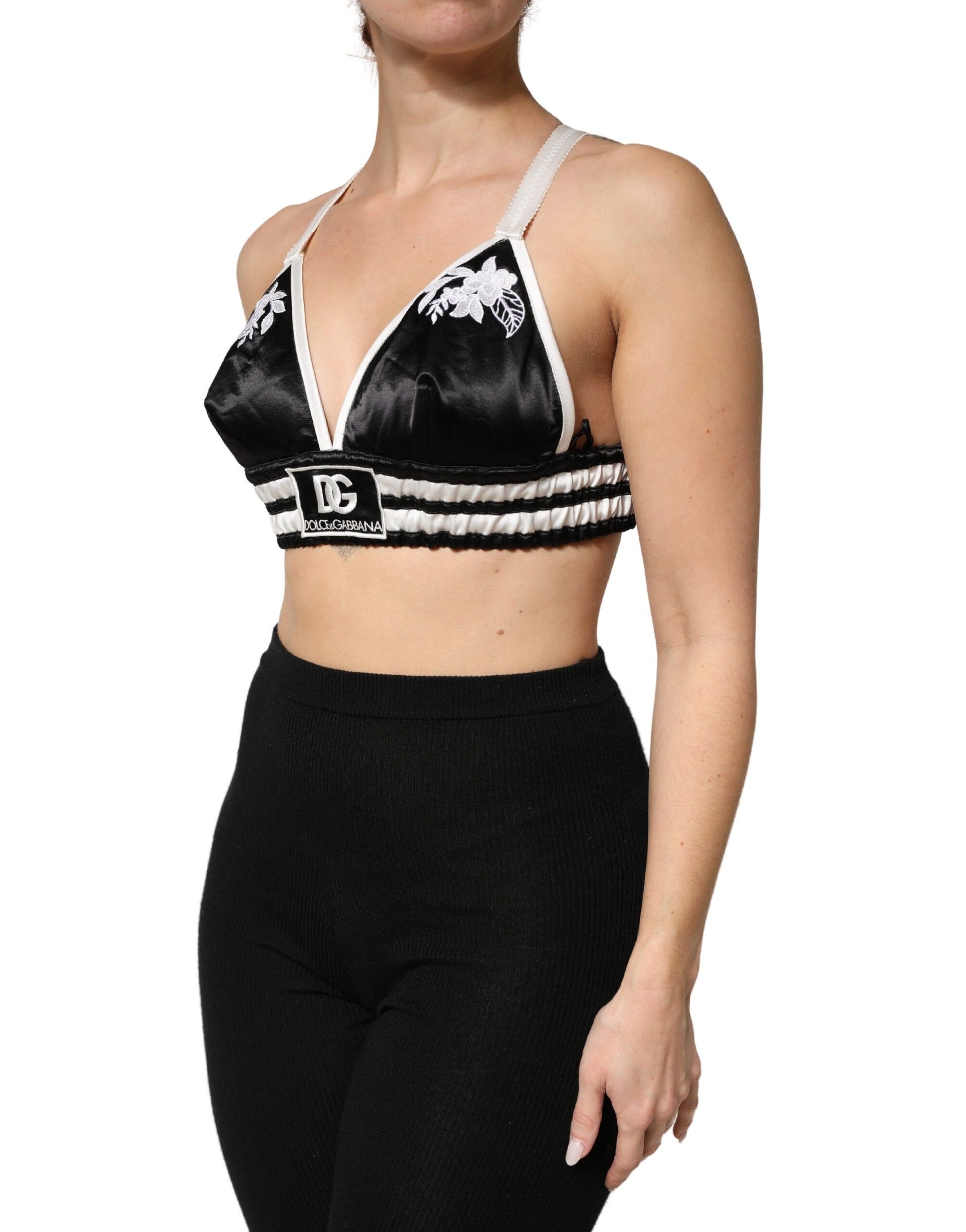 Dolce & Gabbana Black Floral Silk Satin Crop Logo Bralette Top