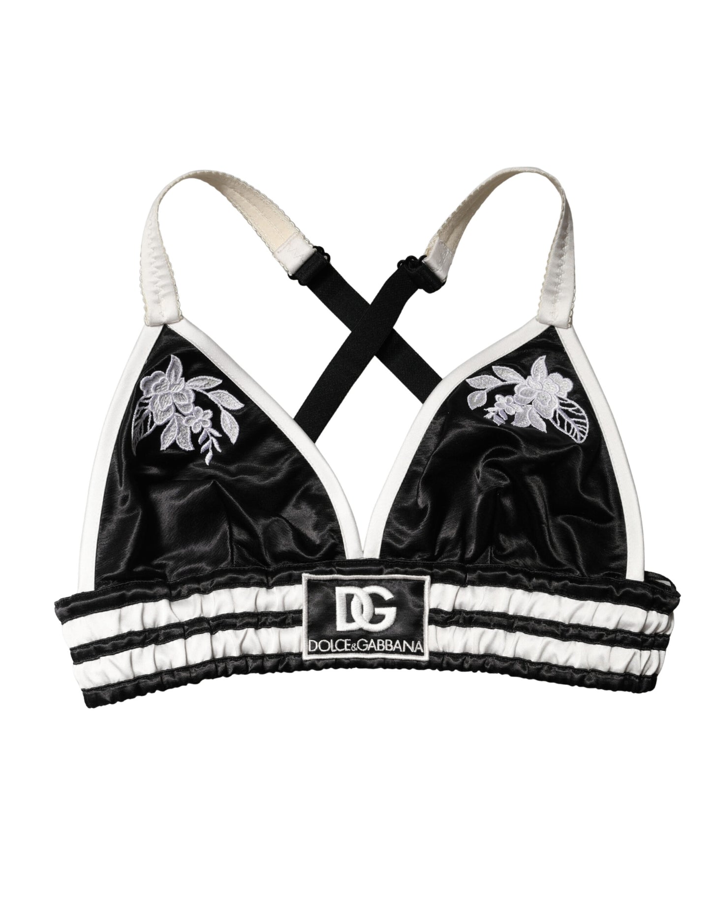 Dolce & Gabbana Black Floral Silk Satin Crop Logo Bralette Top