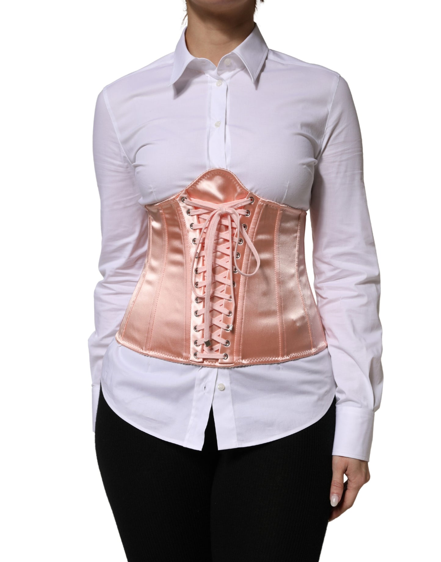 Dolce & Gabbana Pale Pink Silk Lace-Up Waist Cincher Corse Top
