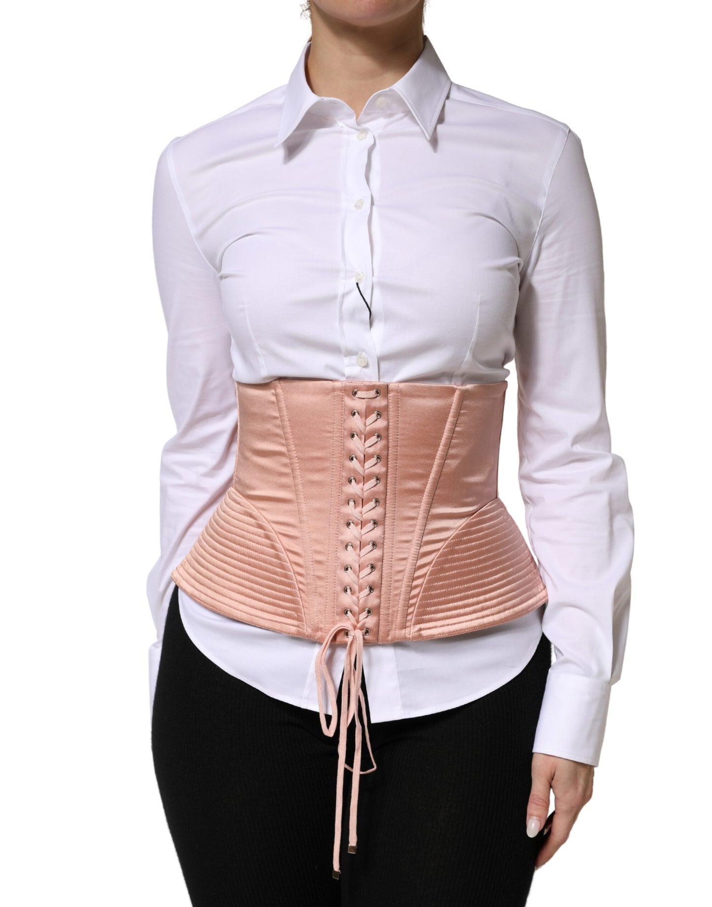 Dolce & Gabbana Pale Pink Silk Lace-Up Waist Cincher Corset Top