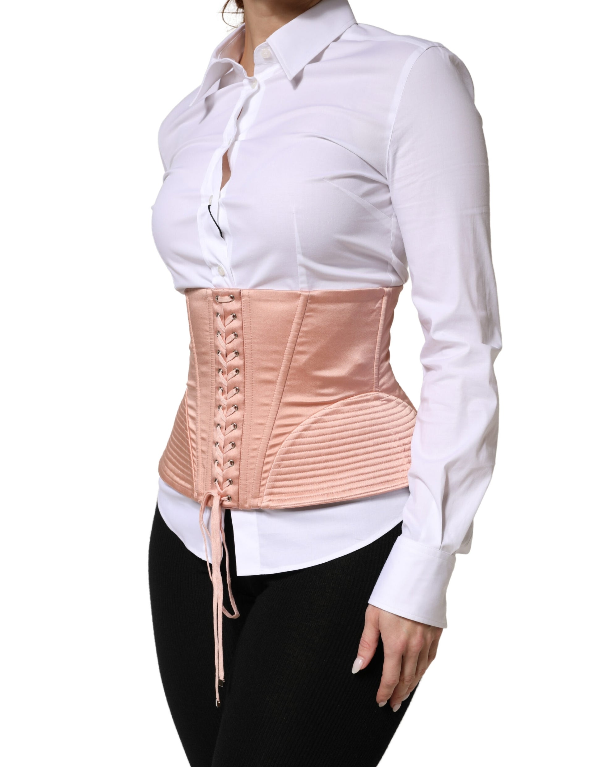 Dolce & Gabbana Pale Pink Silk Lace-Up Waist Cincher Corset Top