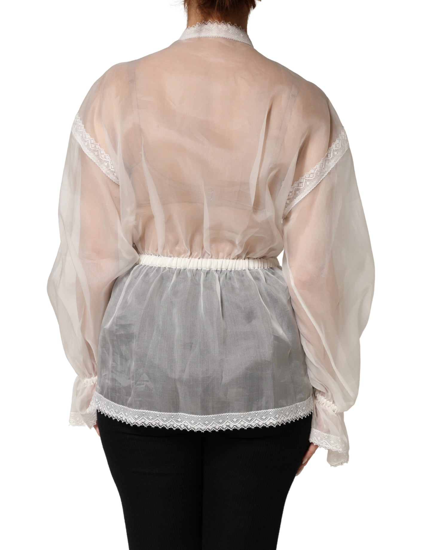 Dolce & Gabbana White Sheer Silk Blouse Lace Bow Tie Blouse Top