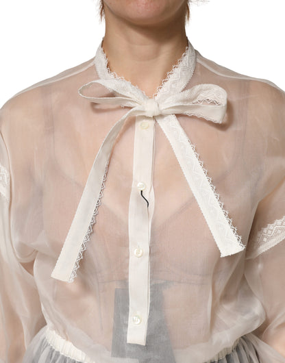 Dolce & Gabbana White Sheer Silk Blouse Lace Bow Tie Blouse Top
