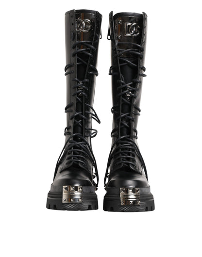 Dolce & Gabbana Black Leather Knee High Combat Boots