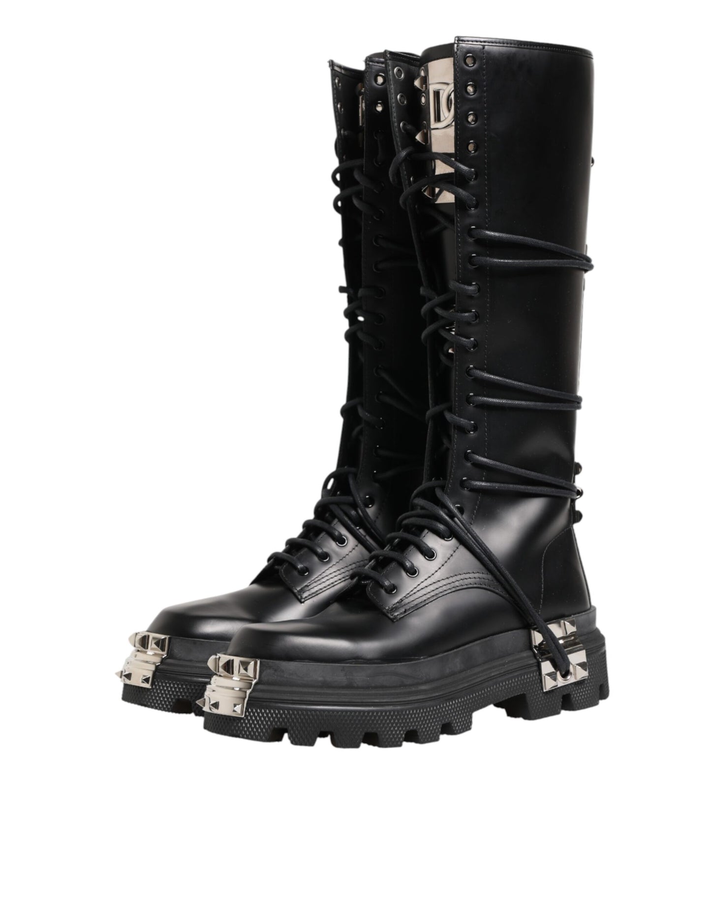 Dolce & Gabbana Black Leather Knee High Combat Boots