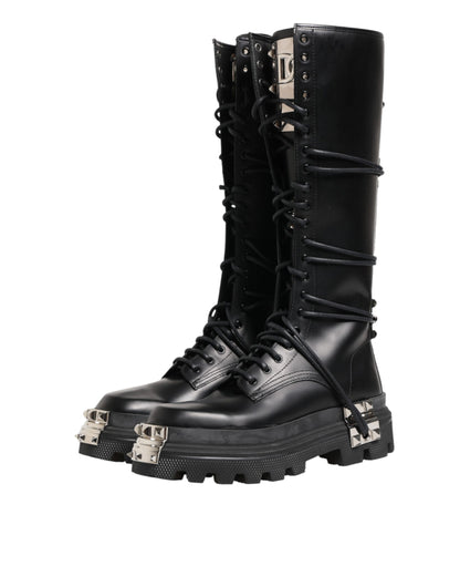 Dolce & Gabbana Black Leather Knee High Combat Boots