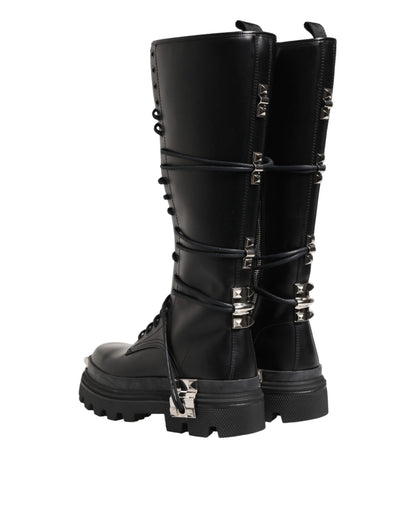 Dolce & Gabbana Black Leather Knee High Combat Boots