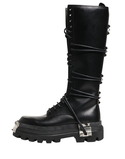 Dolce & Gabbana Black Leather Knee High Combat Boots