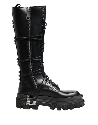 Dolce & Gabbana Black Leather Knee High Combat Boots