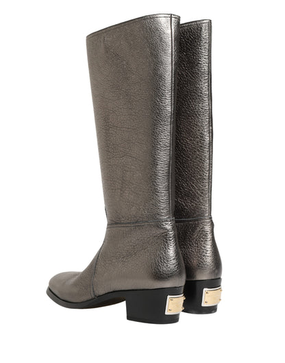 Dolce & Gabbana Metallic Silver Leather Knee High Boots
