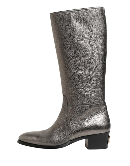 Dolce & Gabbana Metallic Silver Leather Knee High Boots