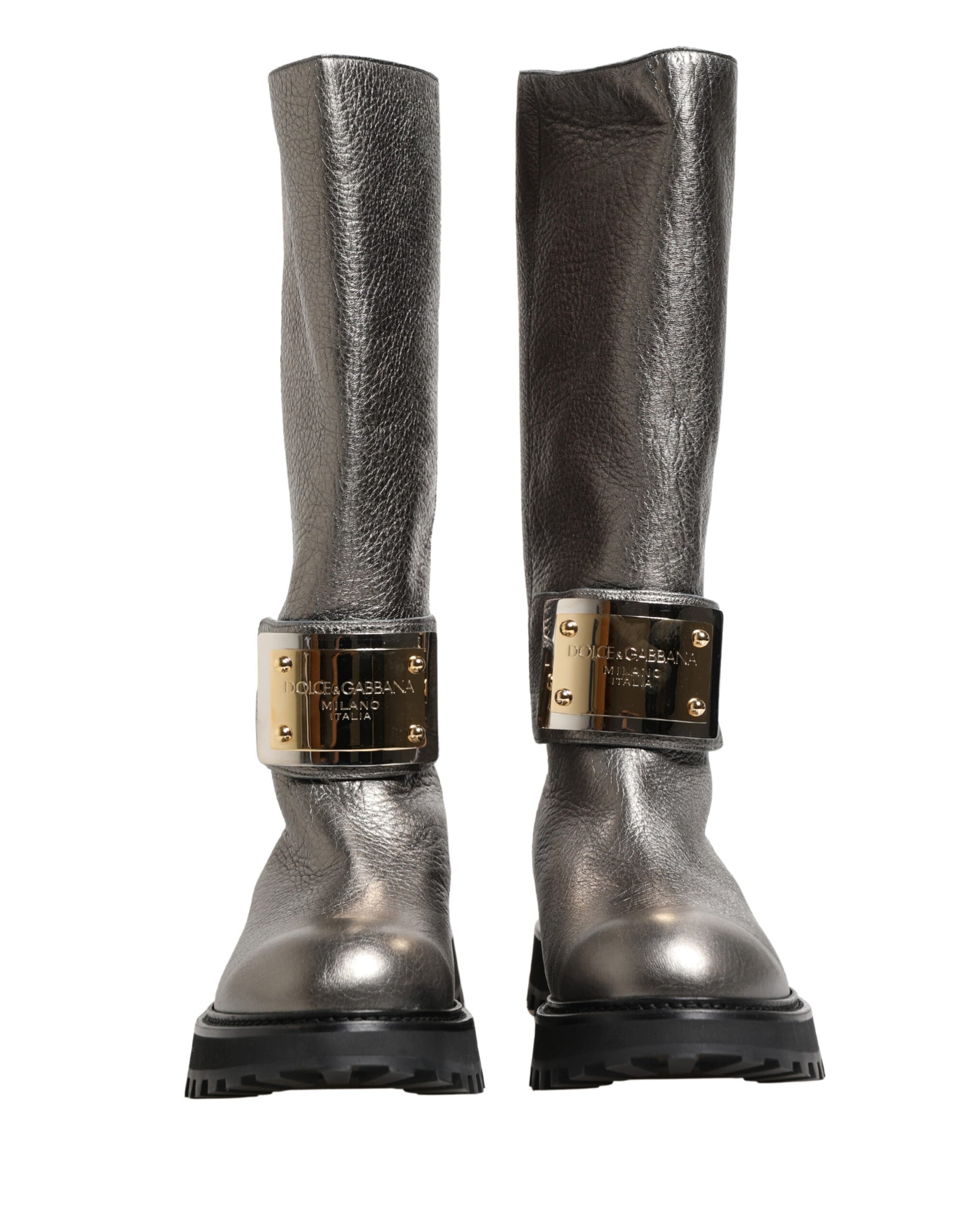 Dolce & Gabbana Metallic Silver Leather Mid Calf Boots