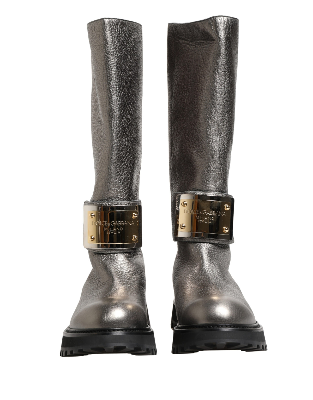 Dolce & Gabbana Metallic Silver Leather Mid Calf Boots
