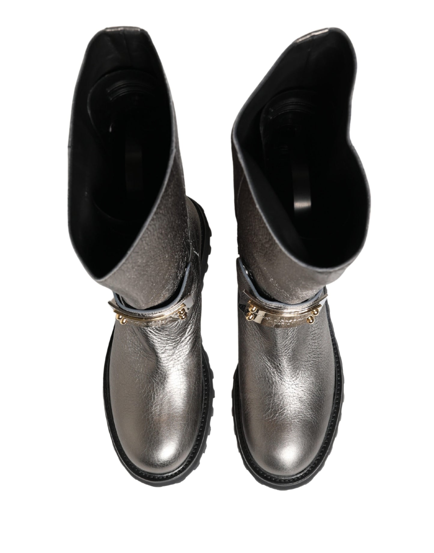 Dolce & Gabbana Metallic Silver Leather Mid Calf Boots