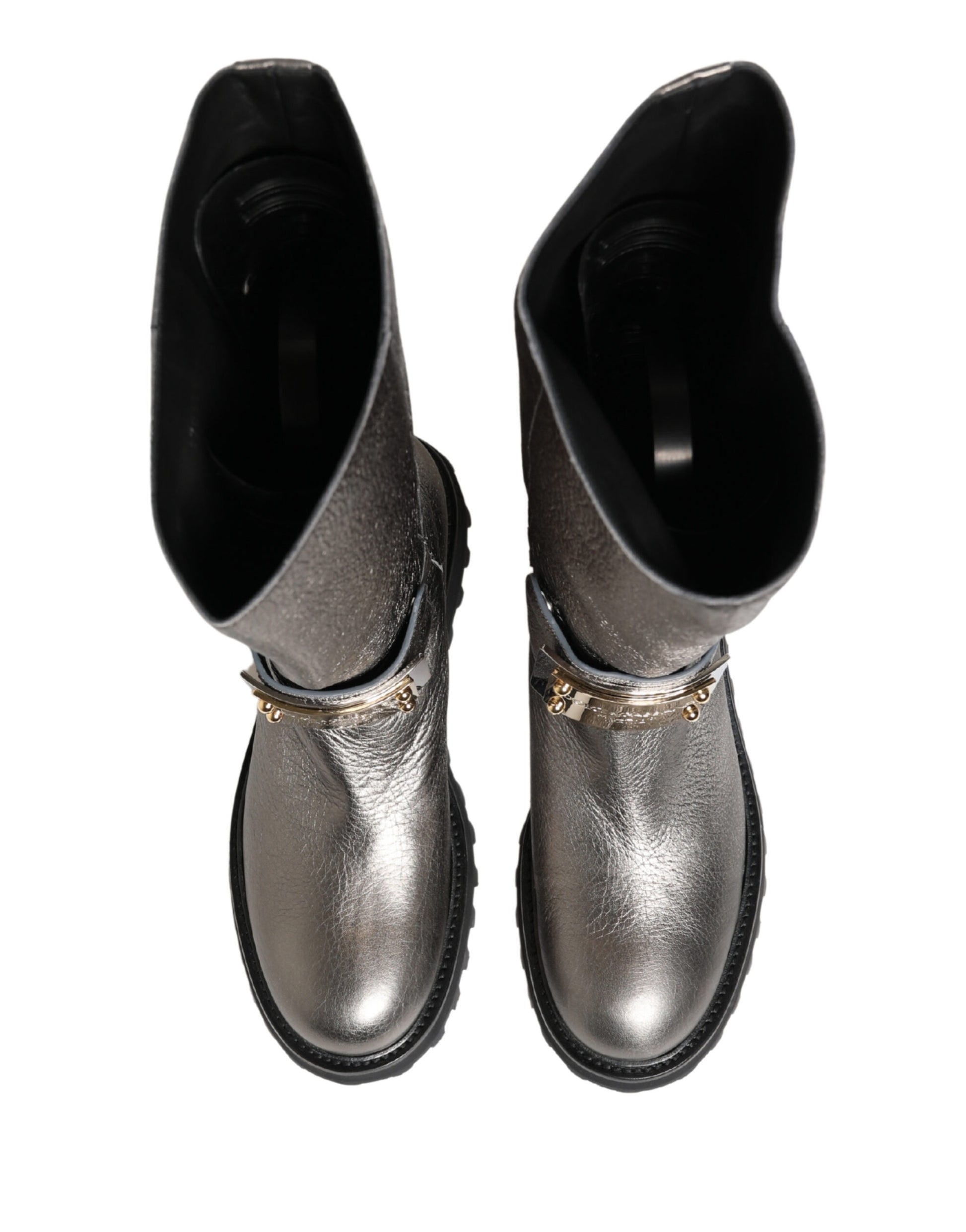 Dolce & Gabbana Metallic Silver Leather Mid Calf Boots
