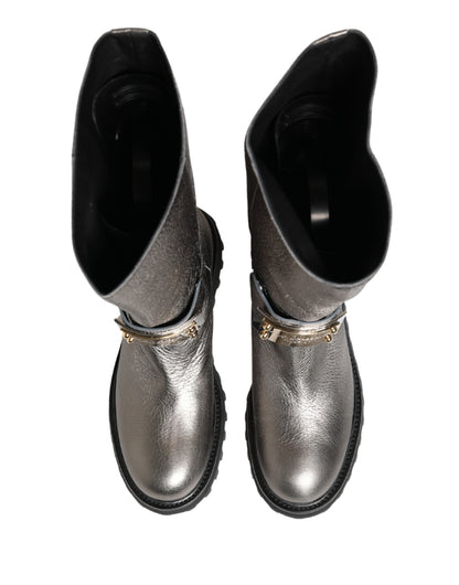 Dolce & Gabbana Metallic Silver Leather Mid Calf Boots