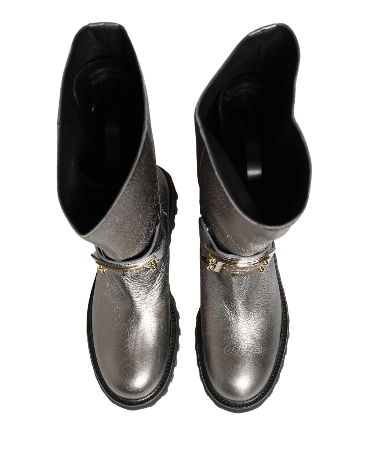Dolce & Gabbana Metallic Silver Leather Mid Calf Boots