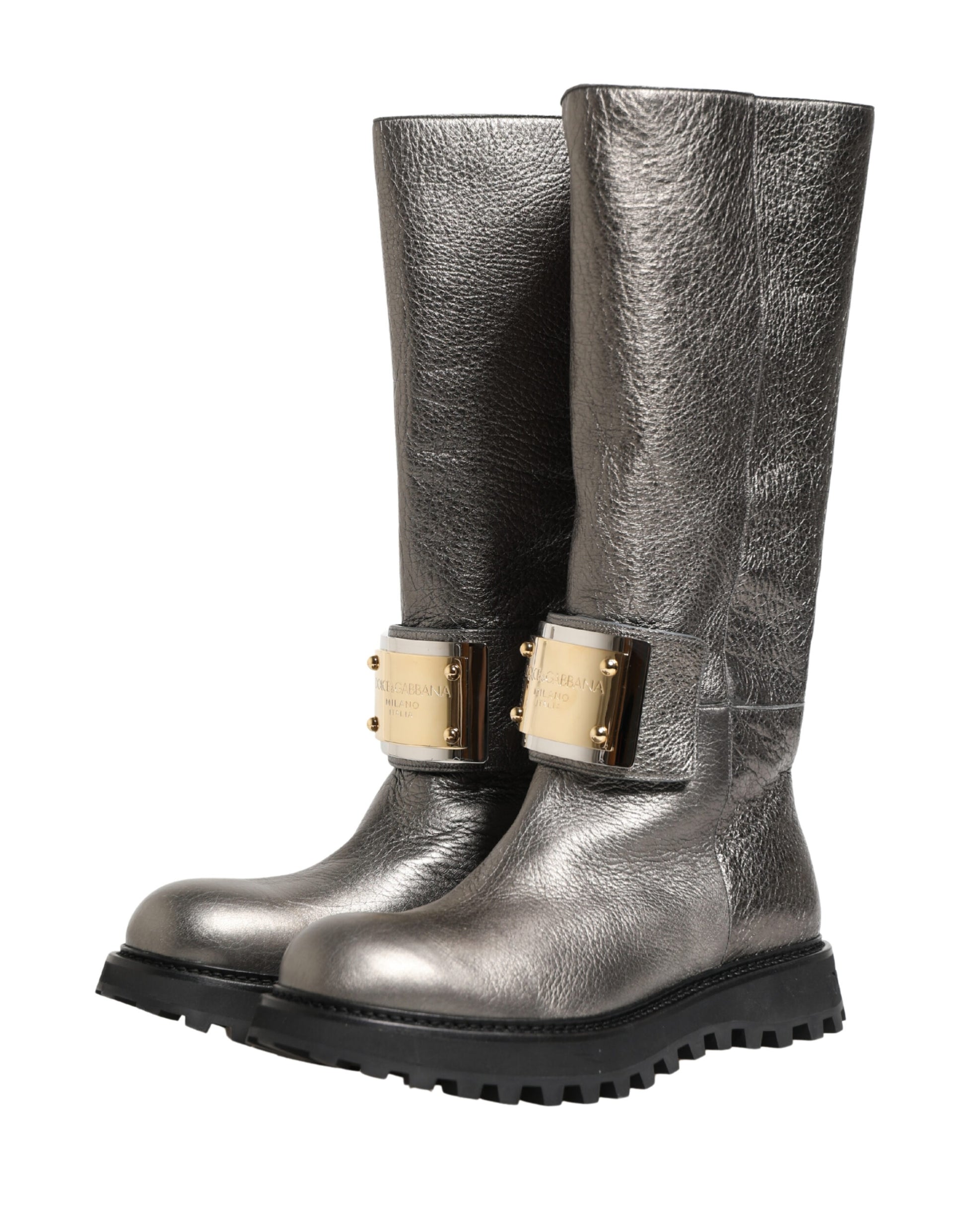 Dolce & Gabbana Metallic Silver Leather Mid Calf Boots