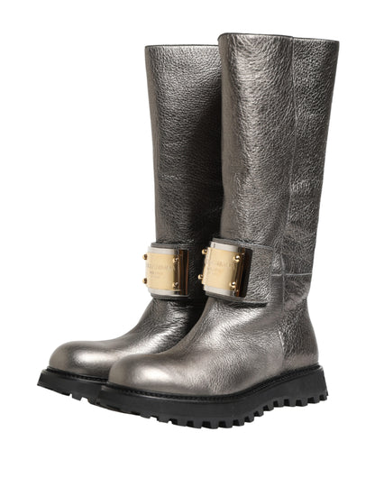 Dolce & Gabbana Metallic Silver Leather Mid Calf Boots