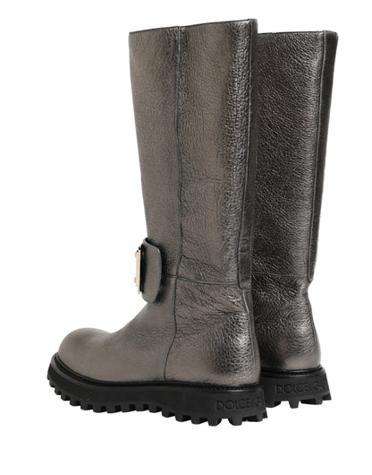 Dolce & Gabbana Metallic Silver Leather Mid Calf Boots