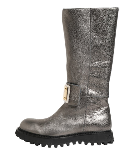 Dolce & Gabbana Metallic Silver Leather Mid Calf Boots