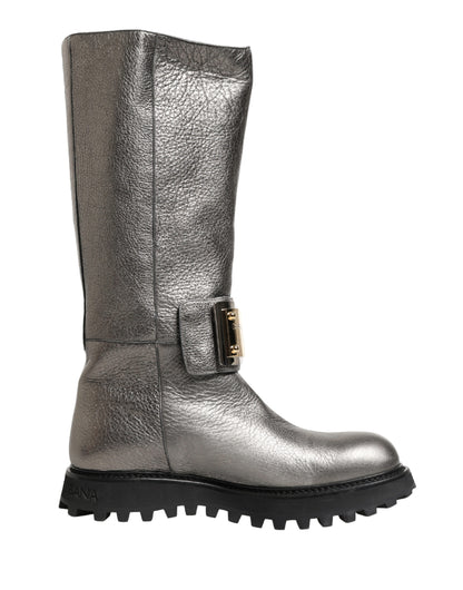 Dolce & Gabbana Metallic Silver Leather Mid Calf Boots