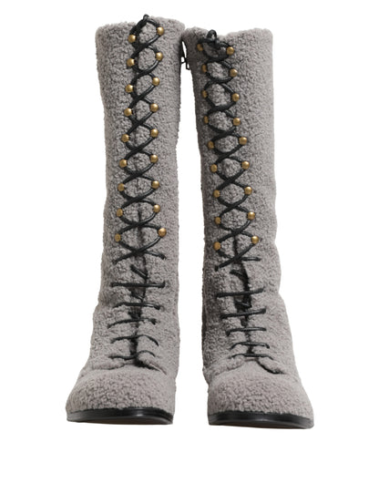 Dolce & Gabbana Gray Shearling Lace Up Knee High Boots