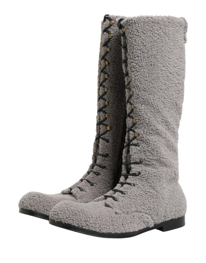 Dolce & Gabbana Gray Shearling Lace Up Knee High Boots