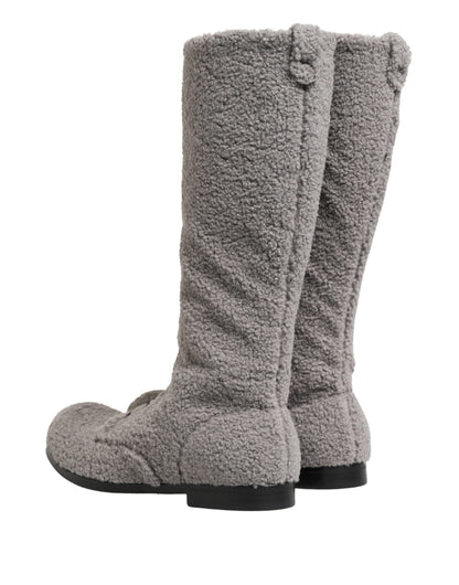 Dolce & Gabbana Gray Shearling Lace Up Knee High Boots