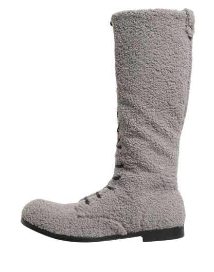 Dolce & Gabbana Gray Shearling Lace Up Knee High Boots