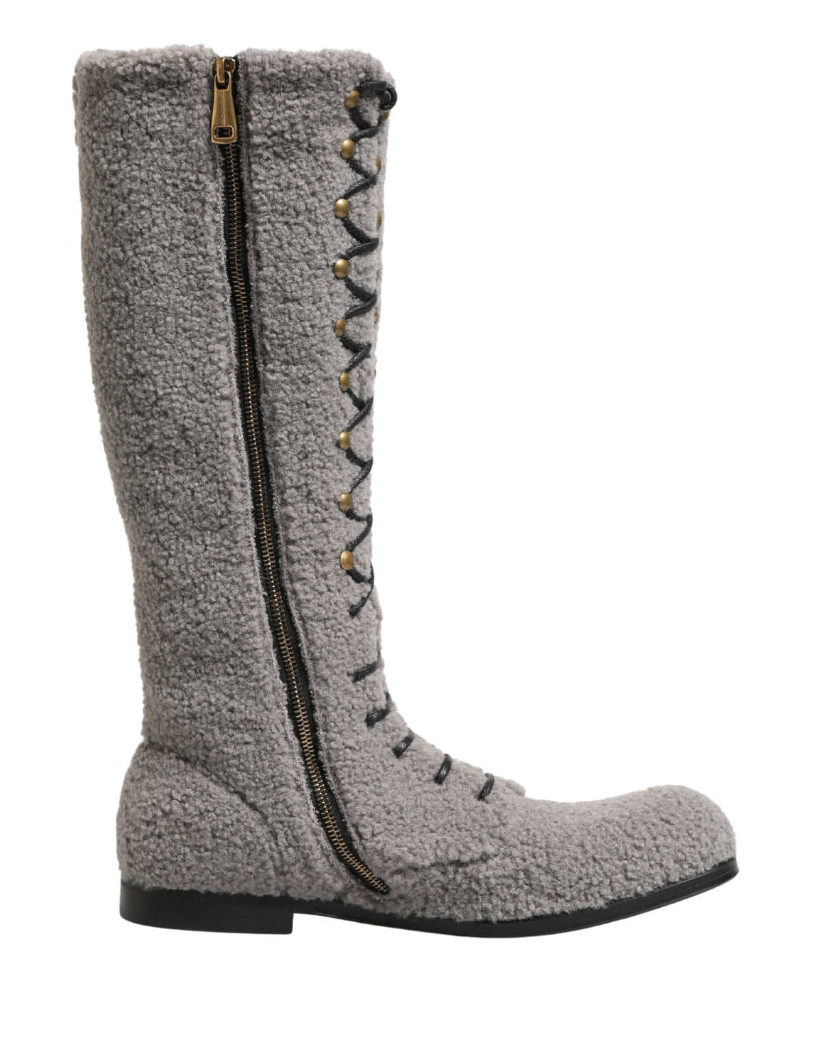 Dolce & Gabbana Gray Shearling Lace Up Knee High Boots